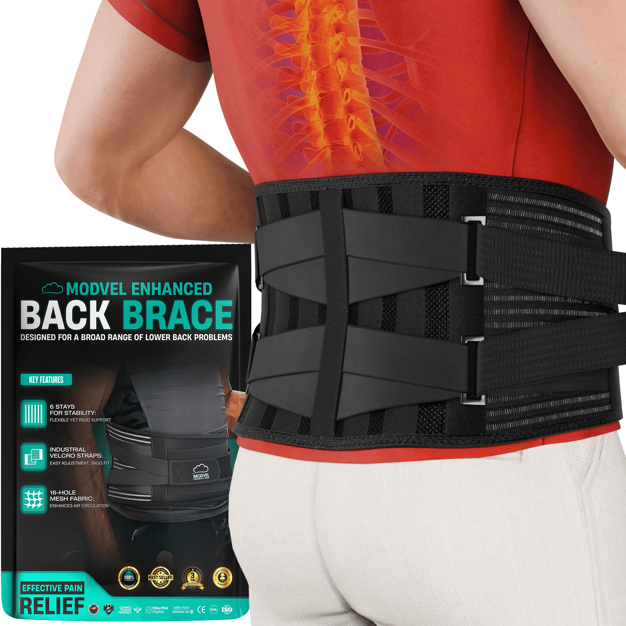 MODVEL Lower Back Brace with 6 Stays Lower Back Pain Relief Lumbar Support Belt