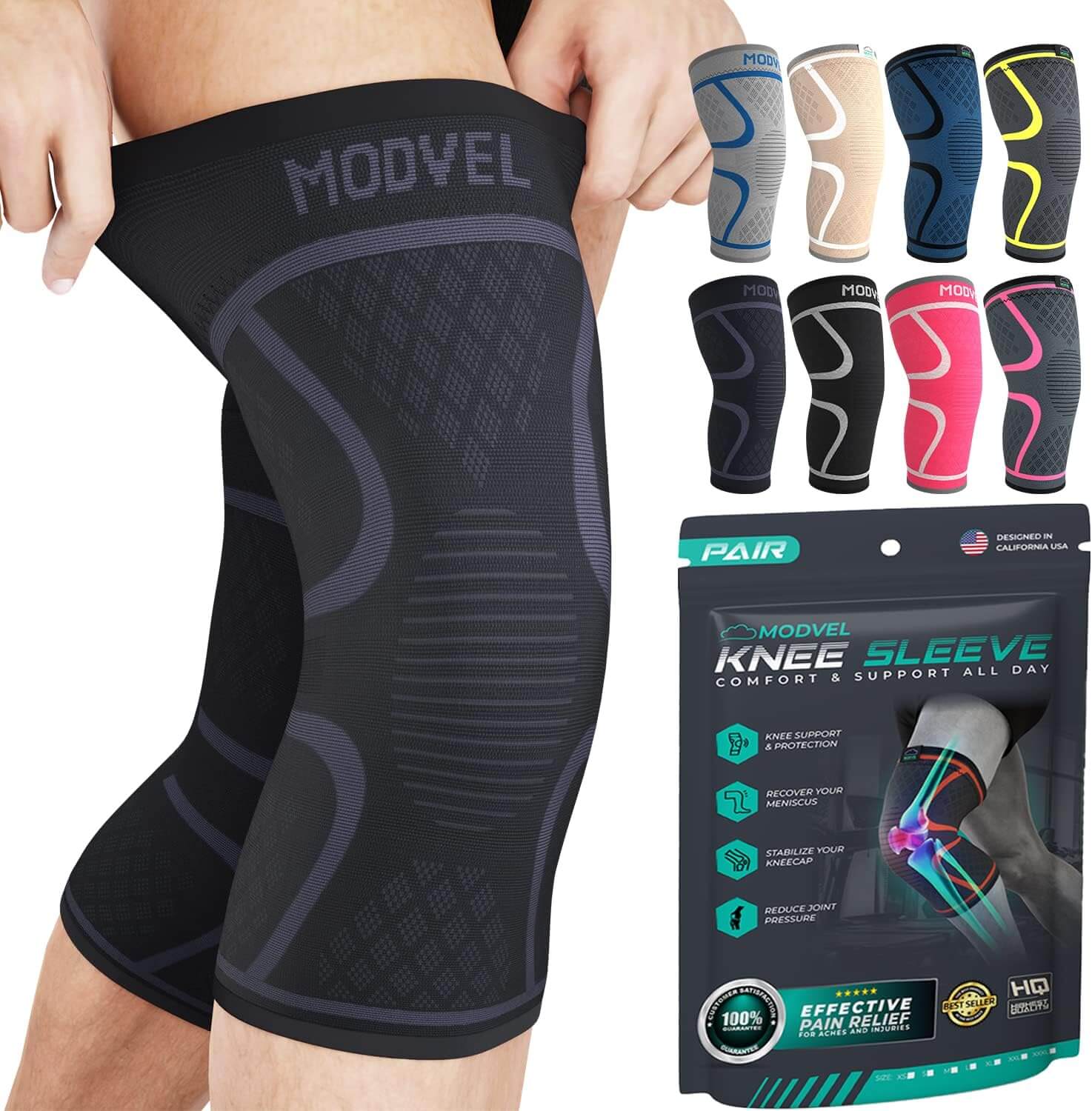 GetUSCart- Modvel 2 Pack Knee Compression Sleeve, Knee Brace for Men &  Women, Knee Support for Running, Basketball, Weightlifting, Gym, Workout,  Sports